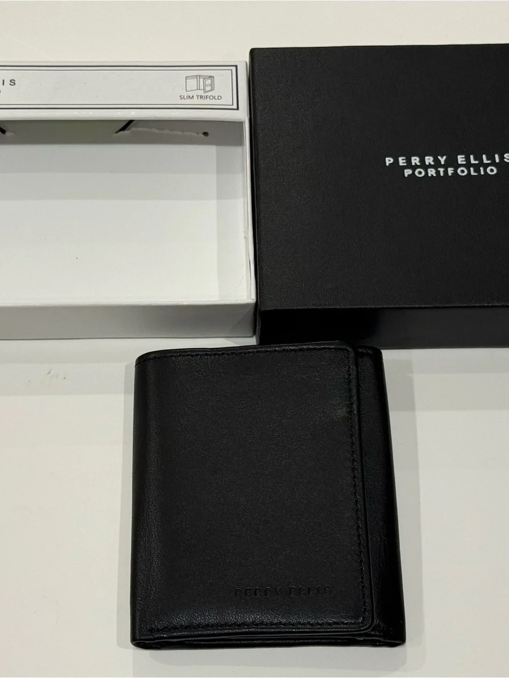 Perry Ellis Black Leather Slim Trifold Wallet with Gift Box
